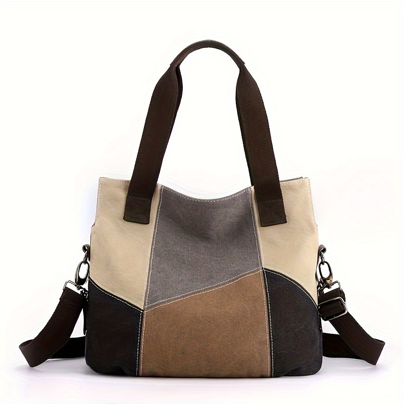 E-shop Damen Vintage Nylon Tragetasche - Großes Fassungsvermögen mit geometrischem Farbblock-Design, abnehmbarem verstellbarem Schultergurt &