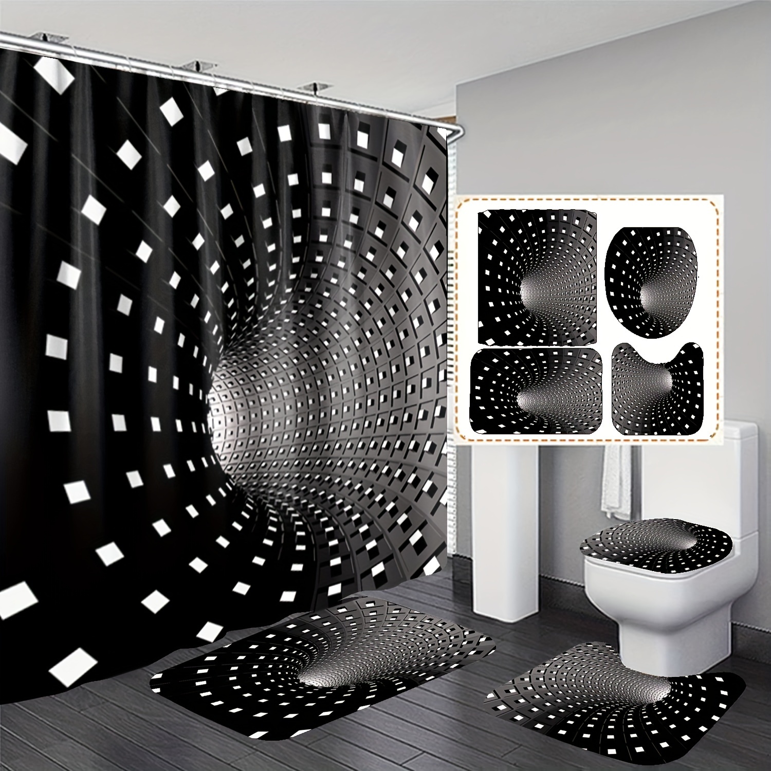 

4pcs 3d Vortex Bathroom Set: Curtain , Bath Mat, U-shaped Rug & Lid - Polyester