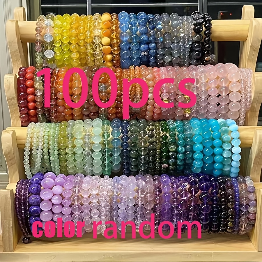 TEMU 100pcs Random Color Set Of Women's Bohemian Style Stone Bead Bracelets - 8mm Elastic Bracelets, Vintage Stacked Beads, Suitable For Summer Beach