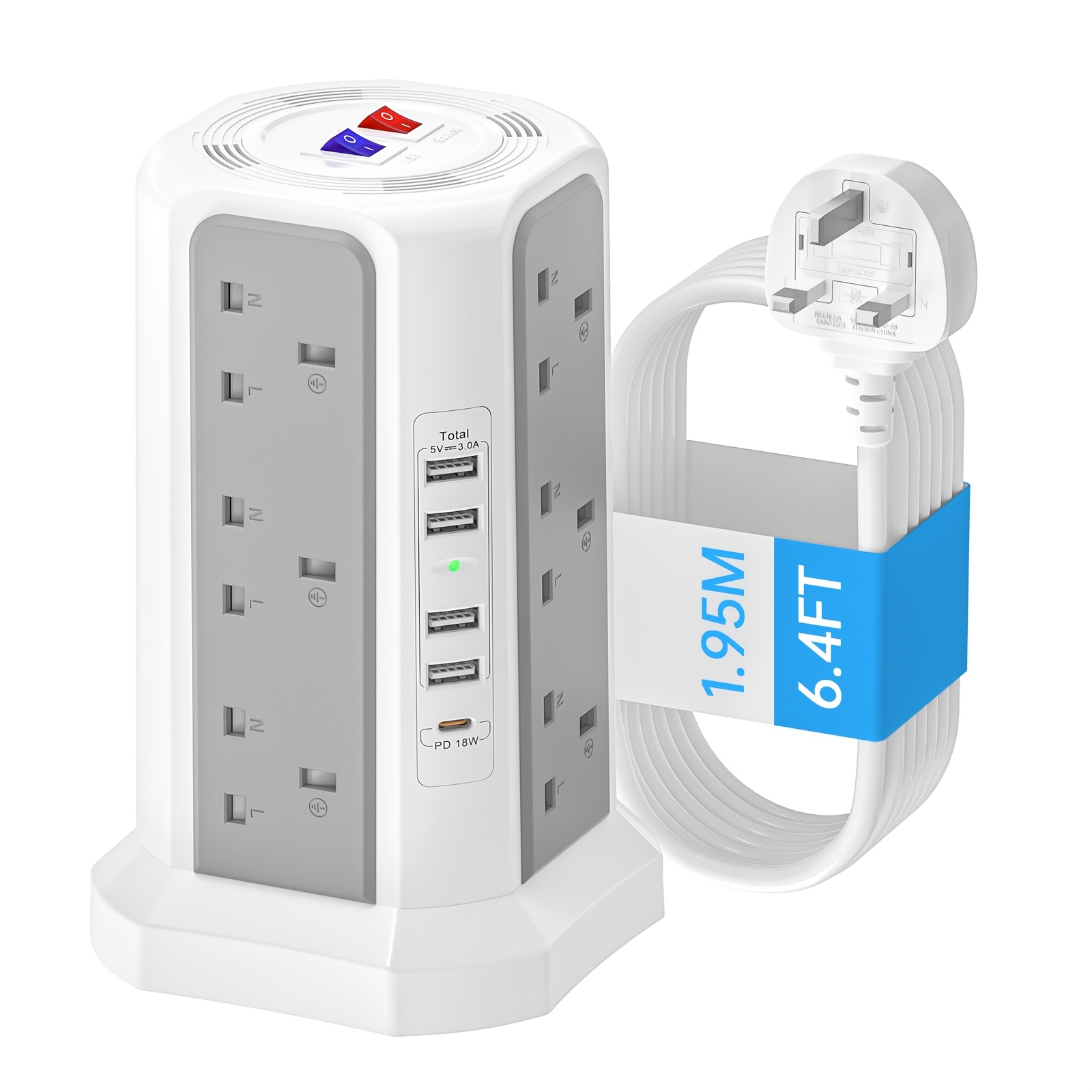 TEMU 17-in-1 (4 Usb-a Ports + 1 Usb-c Port Pd18w) Dual-switch Strip | 1.95m/6.4ft Extension Cord, Protection, Essential Tower Device For , Home,