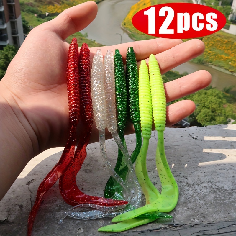 

12pcs Tail Soft Worm Bait - Silicone Artificial Baits For Carp And Bass, Fishing Tackle