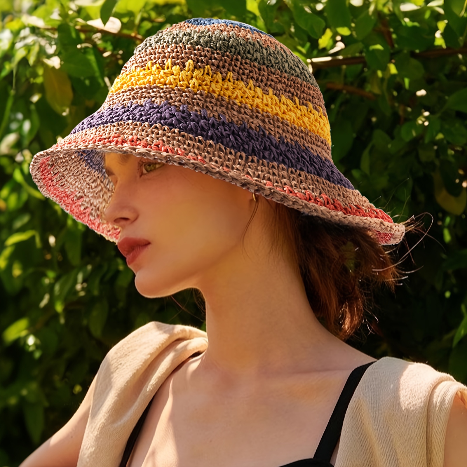 stripe crochet straw sun hats women summer beach hat wide Temu