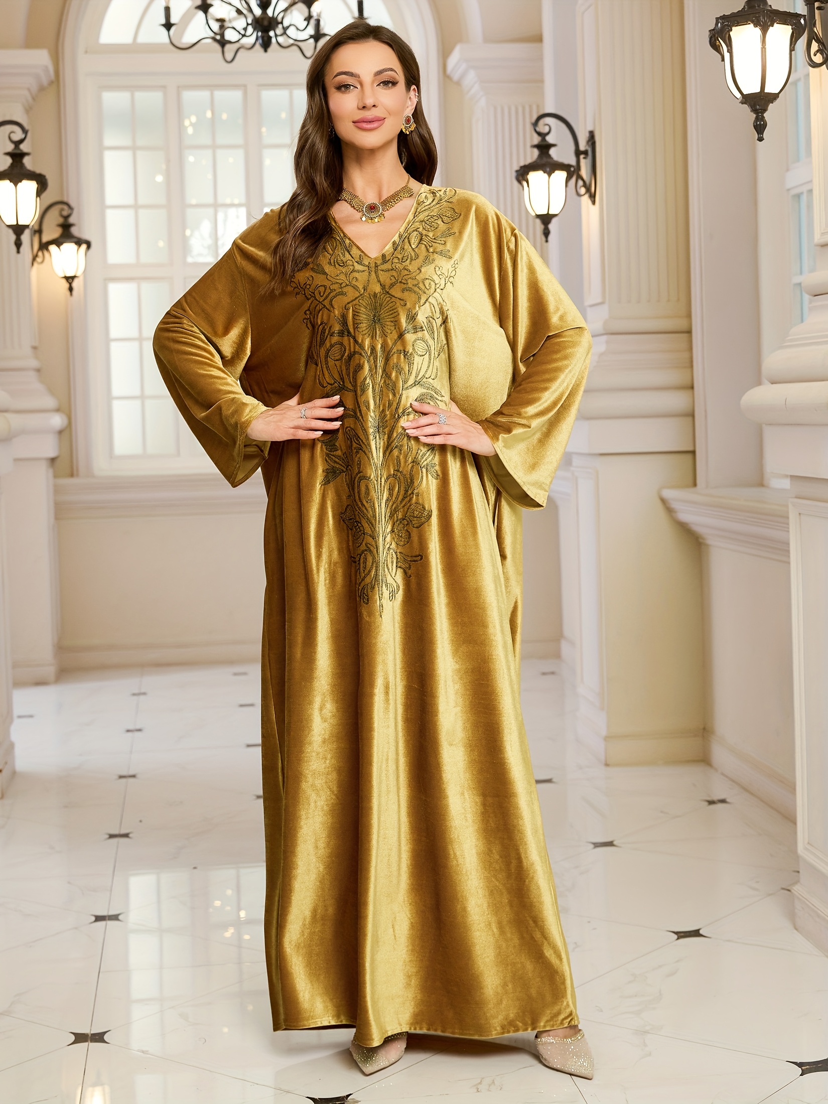 golden embroidered long sleeve kaftan dress elegant - Temu
