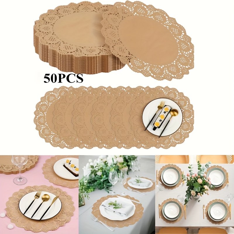 Image of 50 Disposable Brown Cowhide Paper Placemats - 13.5 Inch Scalloped Lace Floral Pattern, High Quality Machine Made Wedding Party Table Mats, Suitable For Banquet Elegant Wedding Tablecloth Set