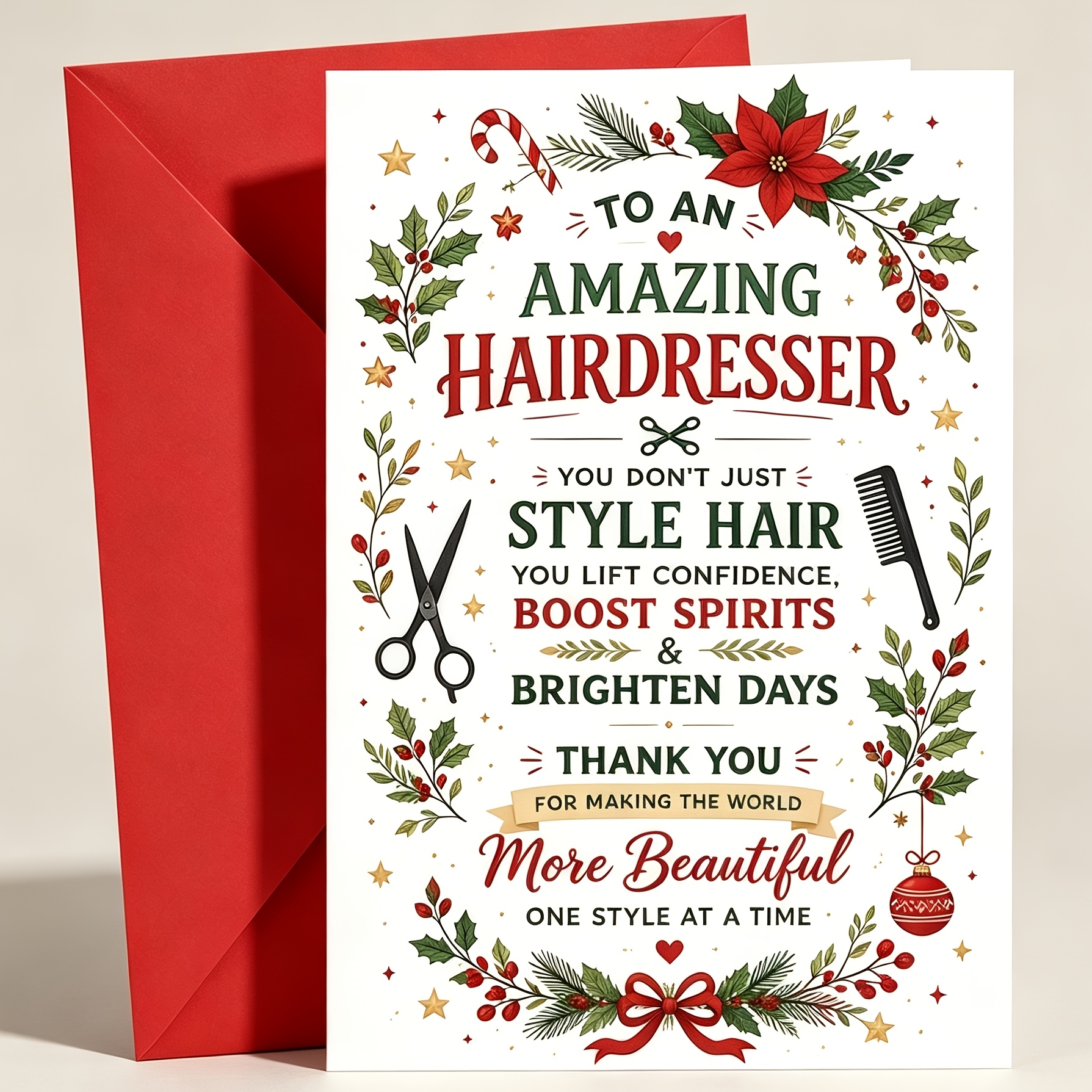 TEMU 1pc Greeting Card And 1pc Envelope Elegant Christmas Greeting Card, Floral Hair Tools Design "to An Amazing Hairdresser", Suitable For Stylist,