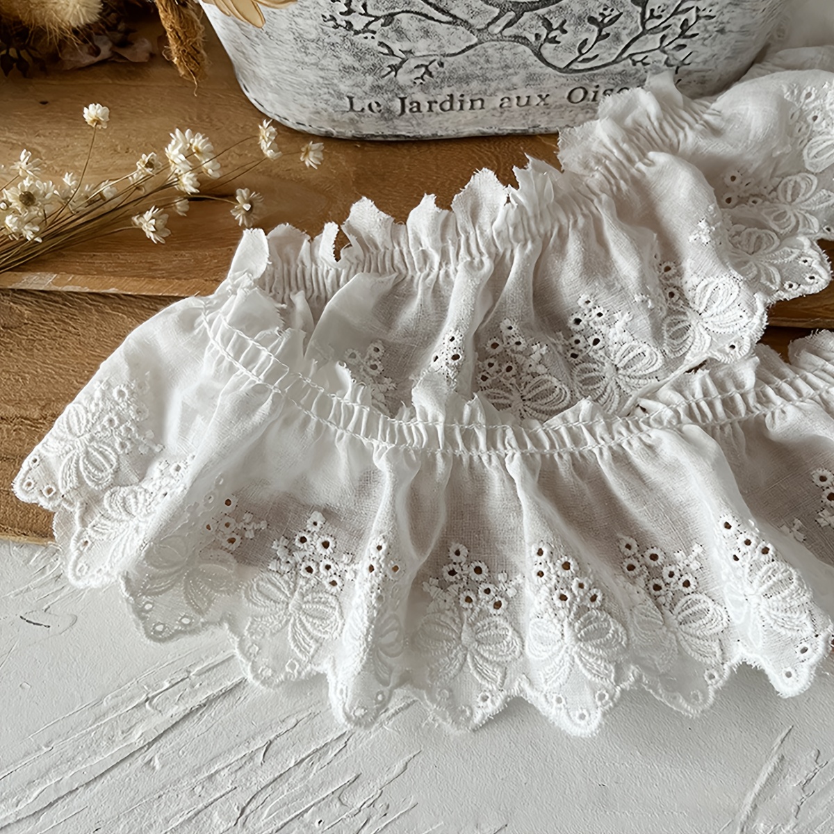 White Embroidered Ruched Lace Home Textile Clothing Trims Handmade Fabric