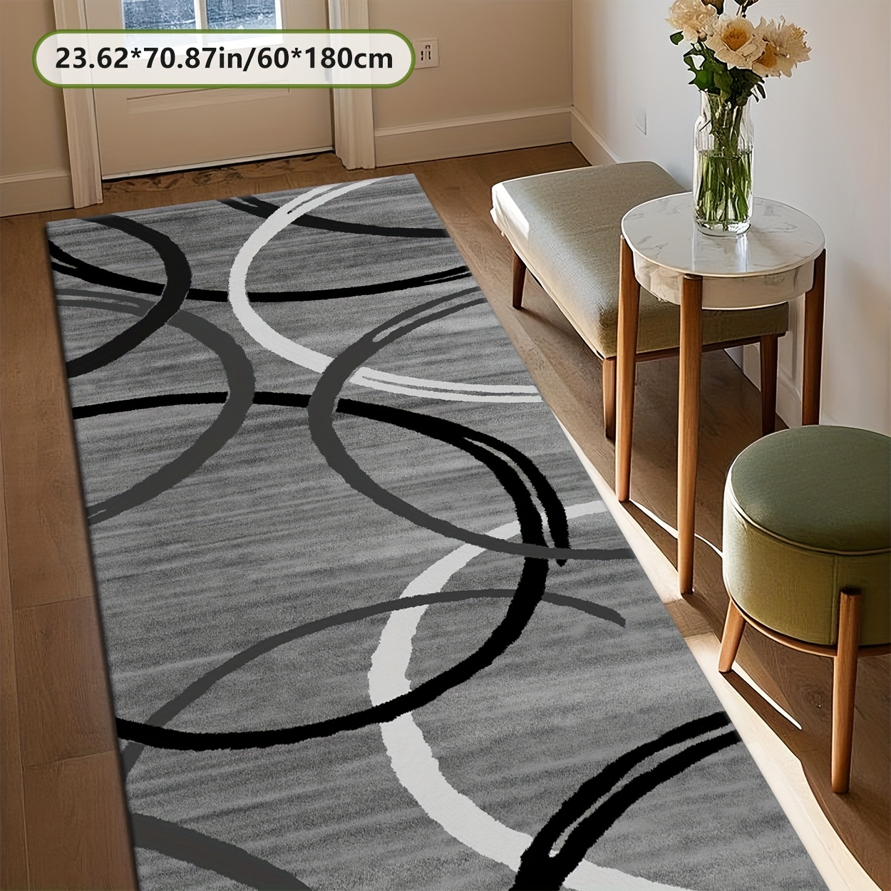 TEMU Golden Diamond Velvet   800g/mÂ²   Dotted Plastic Backing New Release Long Runner Rug, European Minimalist Black-gray-white Curved Pattern