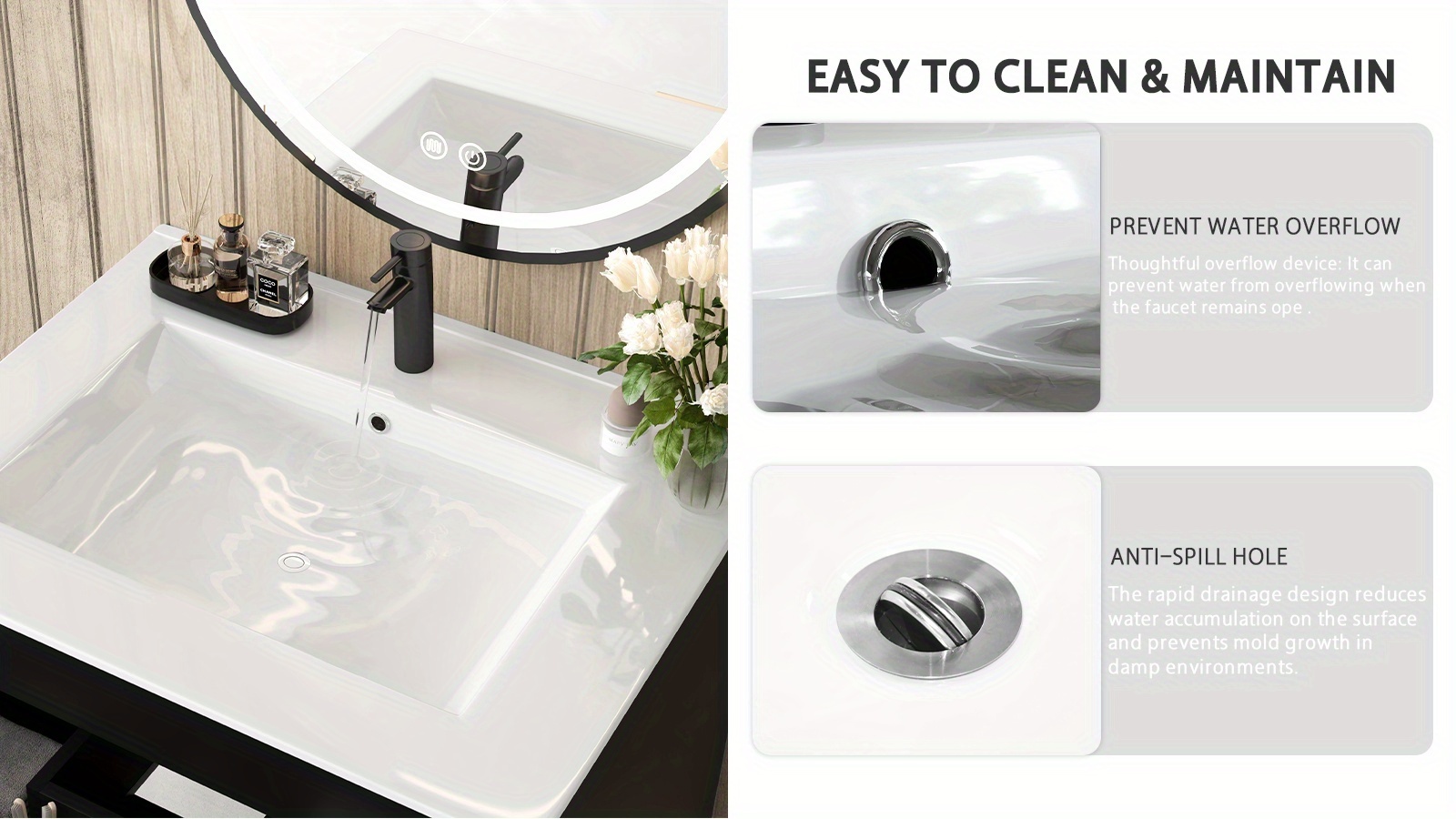 Wall Mounted Floating Bathroom Vanity - Modern Storage Cabinet with Ceramic Sink 15 Wall Mounted Floating Bathroom Vanity Drawer Detail