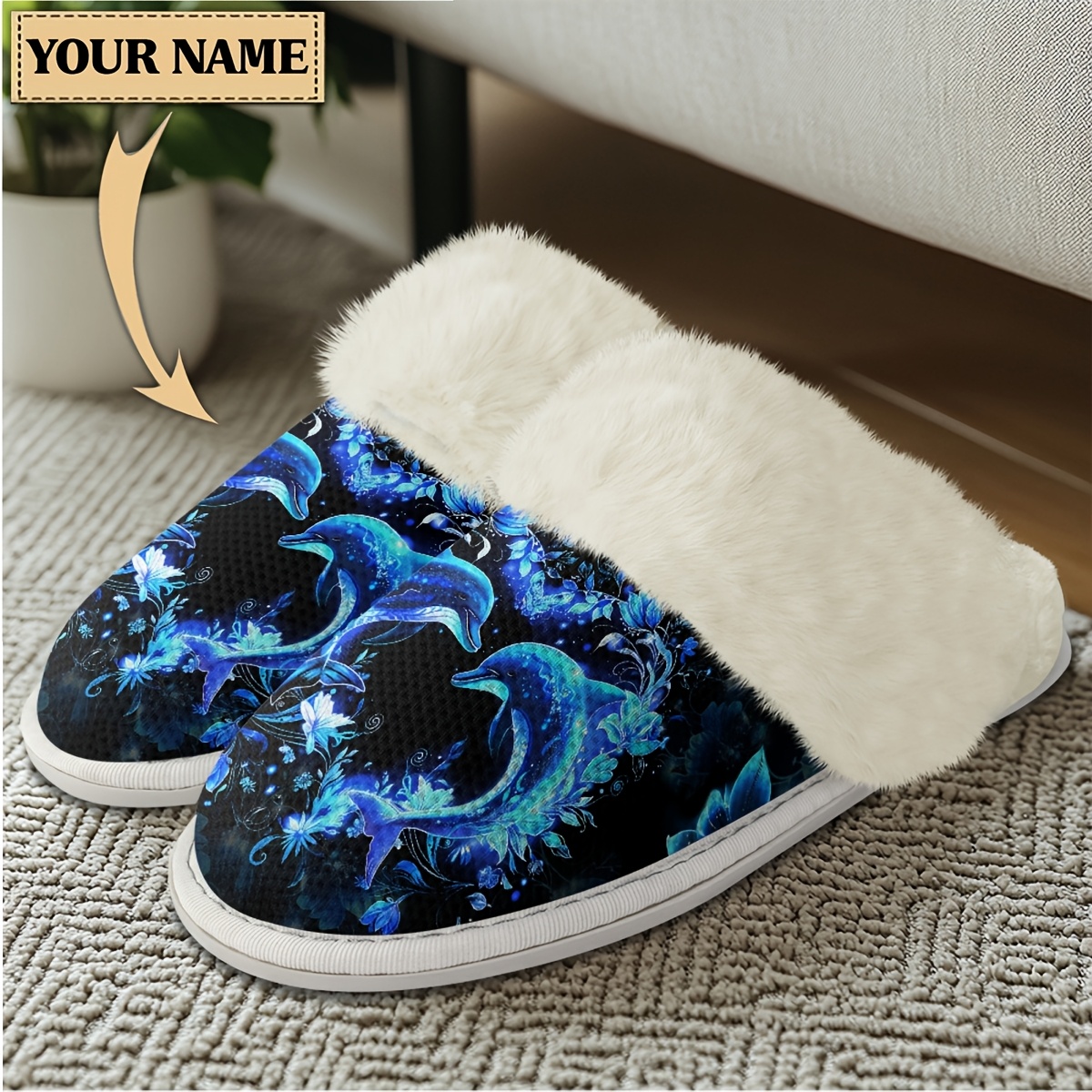 

1 Pair Cozyslip Women's Casual Dolphin Print Flannel Slip-on Slippers, Custom Name, Warm Indoor House Shoes, Non-slip Tpr Sole, Fabric Insole & Lining, Winter Animal Pattern Footwear