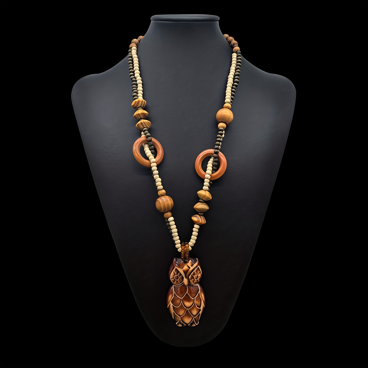 Bohemian Wooden Bead String Square Carved Maple Leaf Owl Elephant Necklace