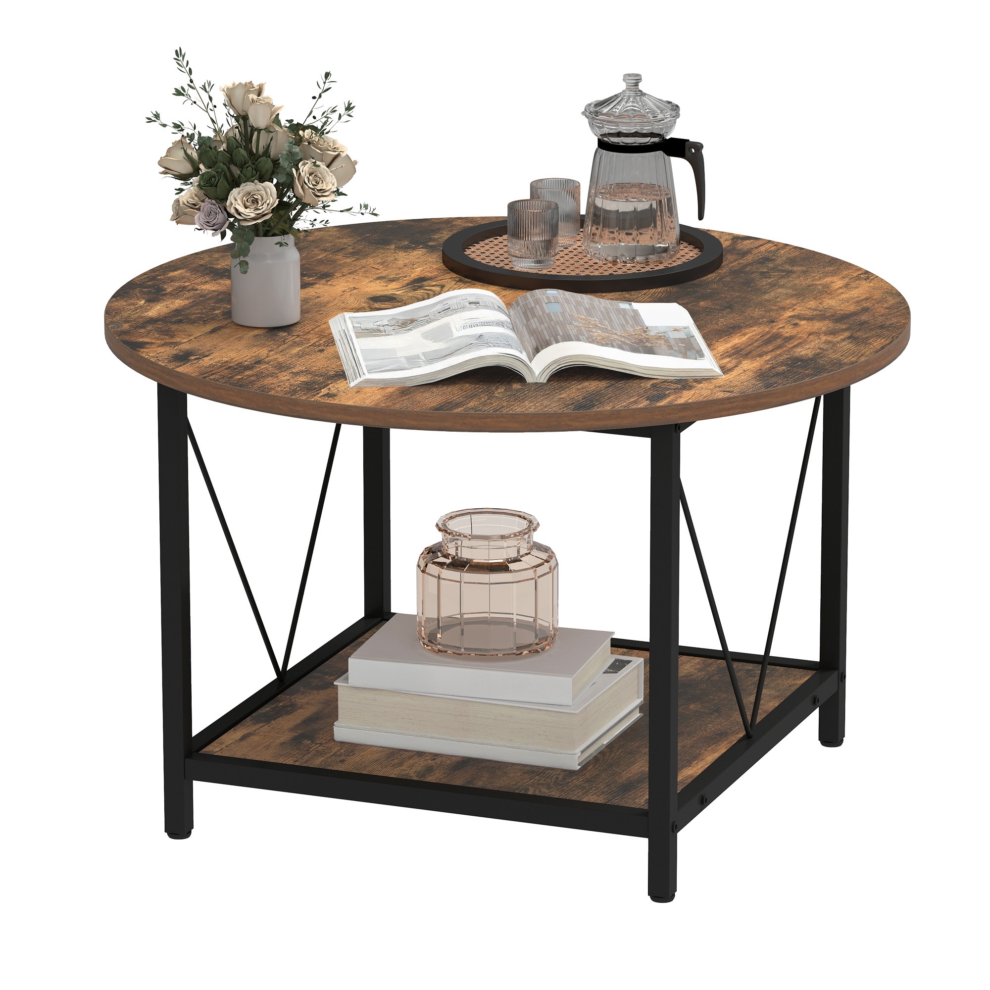 Round Coffee Table, 80x80x46cm Rustic Wooden Living Room Table With Storage Shelf, Coffee Table With Sturdy Metal Legs