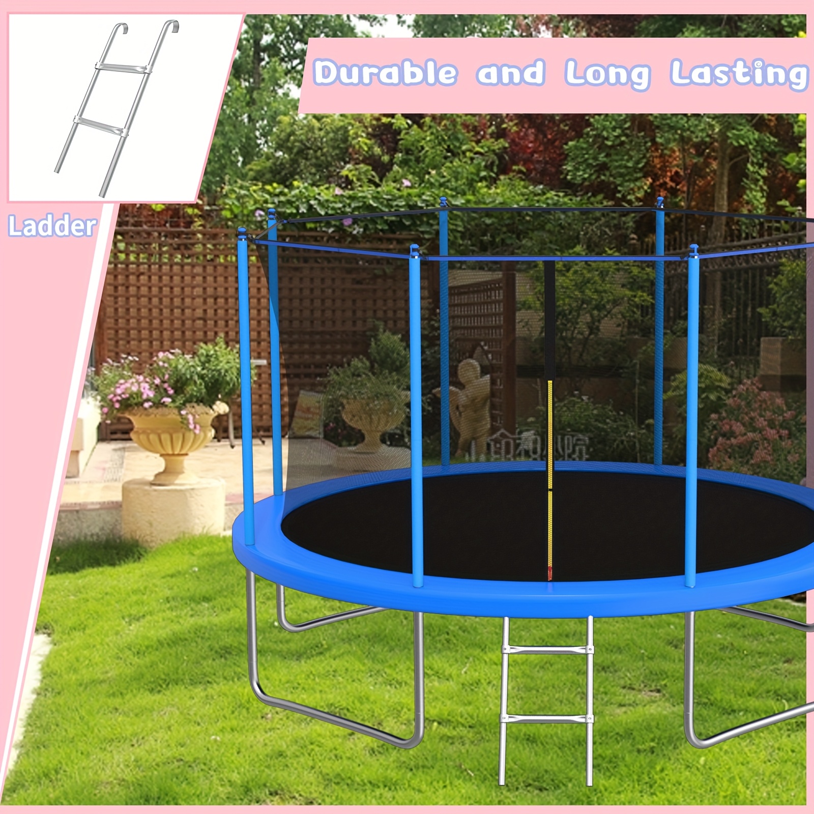 14ft/12ft/10ft Outdoor Kids Trampoline with Water Spray Device, Equipped with Safety Net and Heavy-Duty Rust-Resistant Frame, Suitable for Children and Adults, Includes Basketball Stand and Ladder Blue