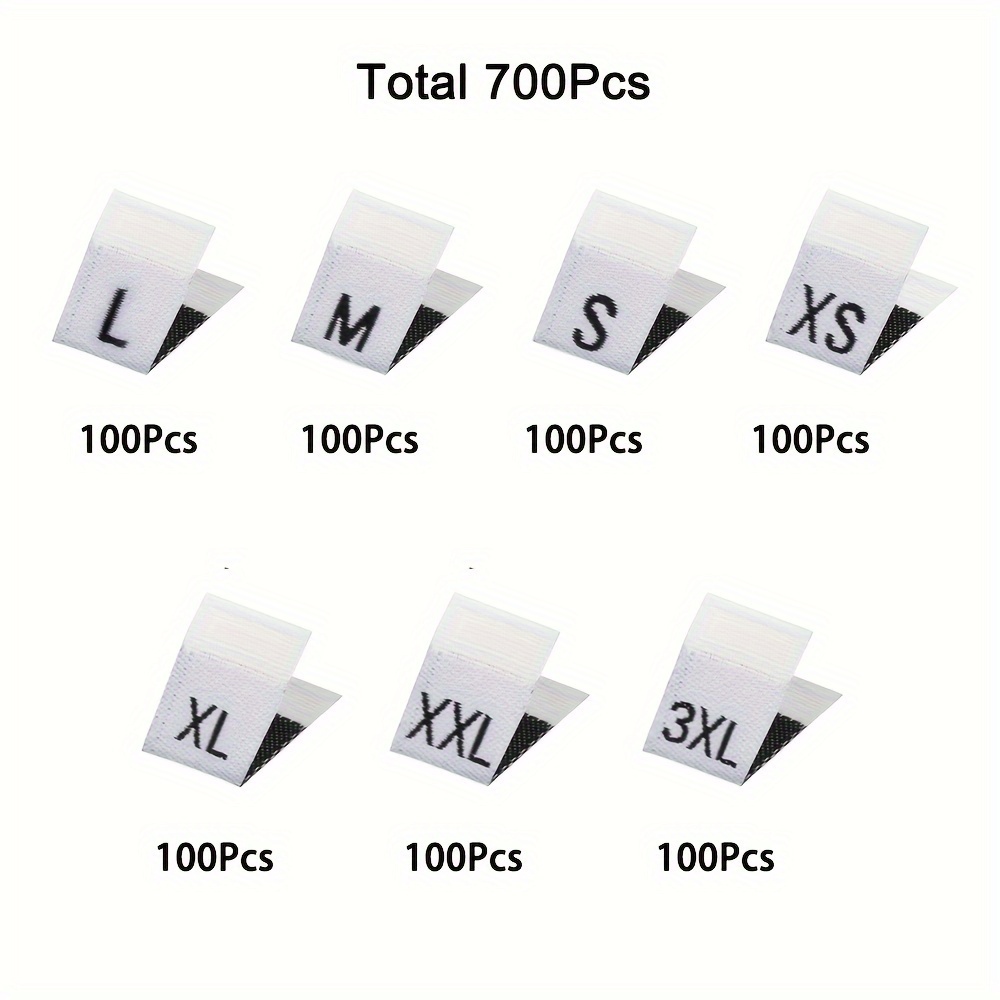 Image of Set Of 700 Sew-on Fabric Labels In 7 Sizes (xs, S, M, L, Xl, Xxl, 3xl) For Clothing And Garments