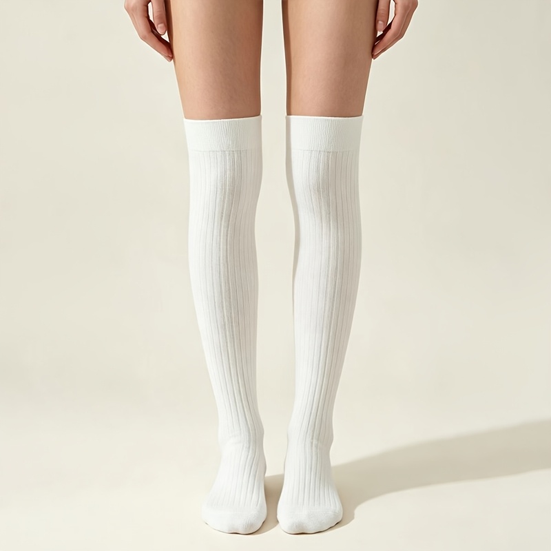 TEMU 1 Pair Women's Black White Gray Over-the-knee Socks, Easy Sweet Pinstripe Women' Color Long Socks, Fashionable Breathable All-match Suitable For