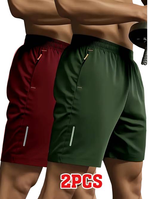 2pcs Mixed Pc of Men's Sporty Casual Shorts with Reflective Strip Print Design, Dual-Side Zipper Pockets, Comfortable Breathable Polyester Fabric, Multiple Colors and Combinations Available. Trendy and Cool. Suitable for Daily