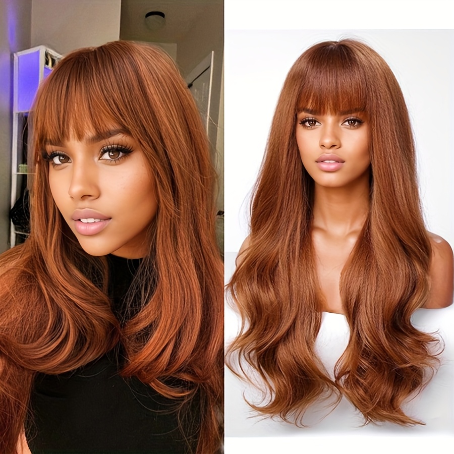 long brown wavy wigs with bangs for women, made from  display picture 1