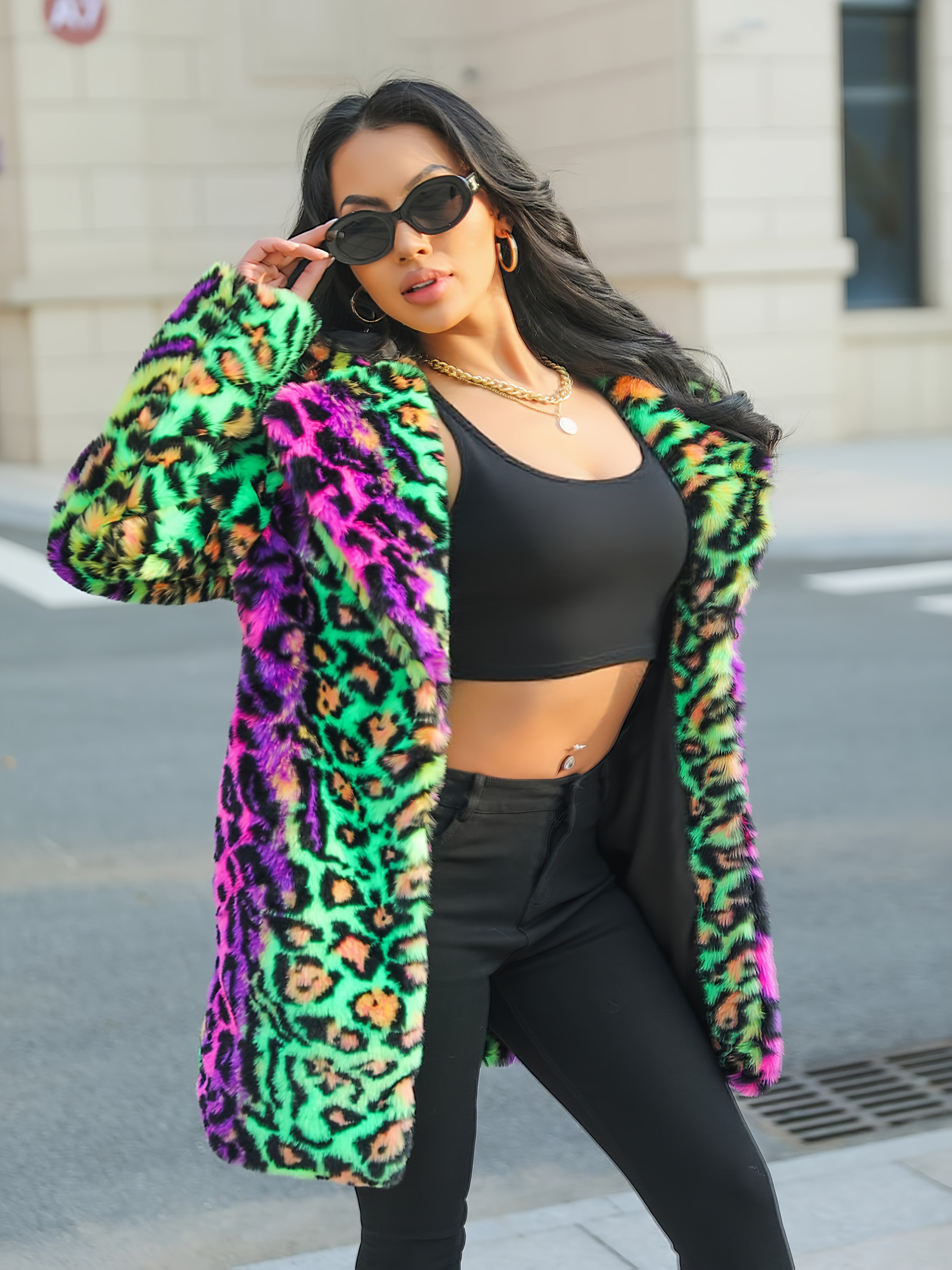 womens neon leopard print fur hooded coat length Temu