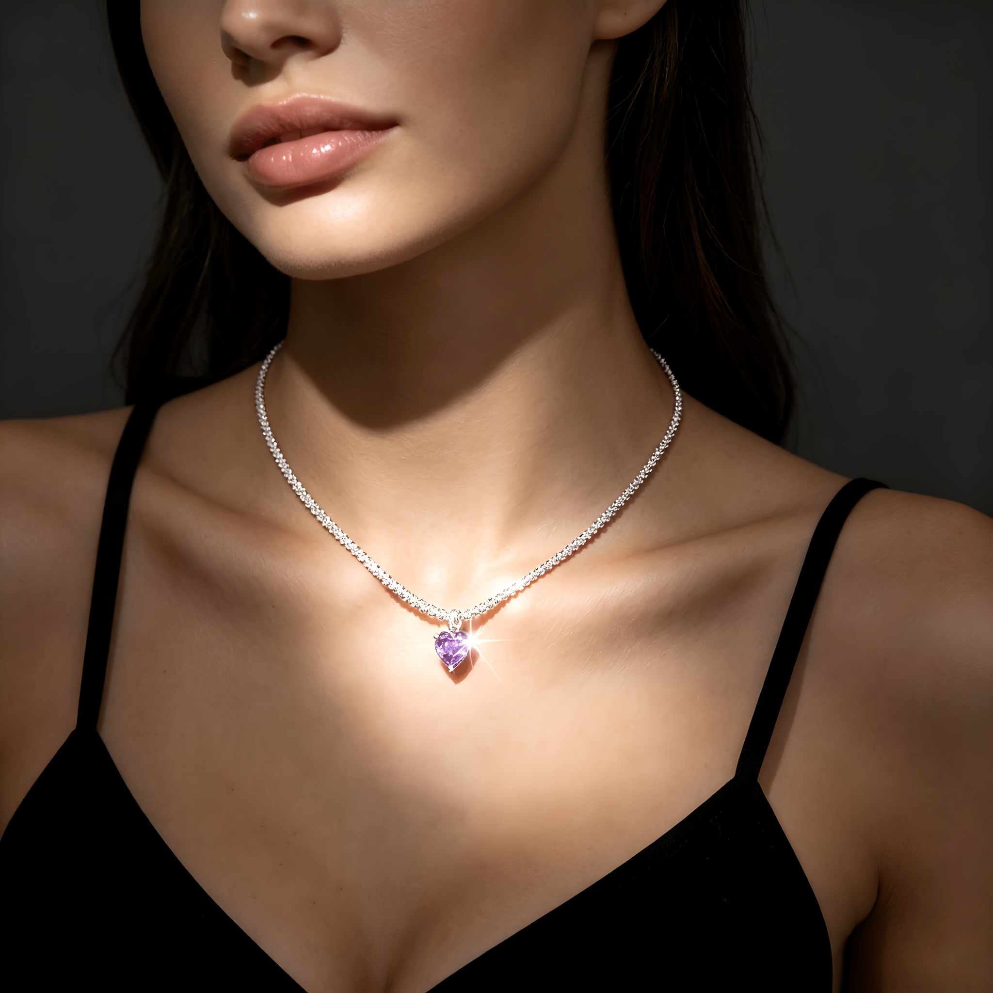 Silvery Copper Heart-Shaped Zirconia Pendant Necklace