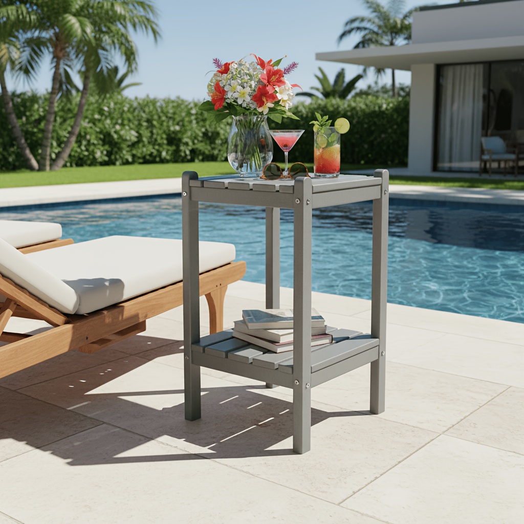Outdoor HDPE Double-layer High Side Table, Leisure Side Table with Double-Layer Storage Design, Multifunctional Small Coffee Table, for Courtyard, Pool, Terrace And Balcony, Gray
