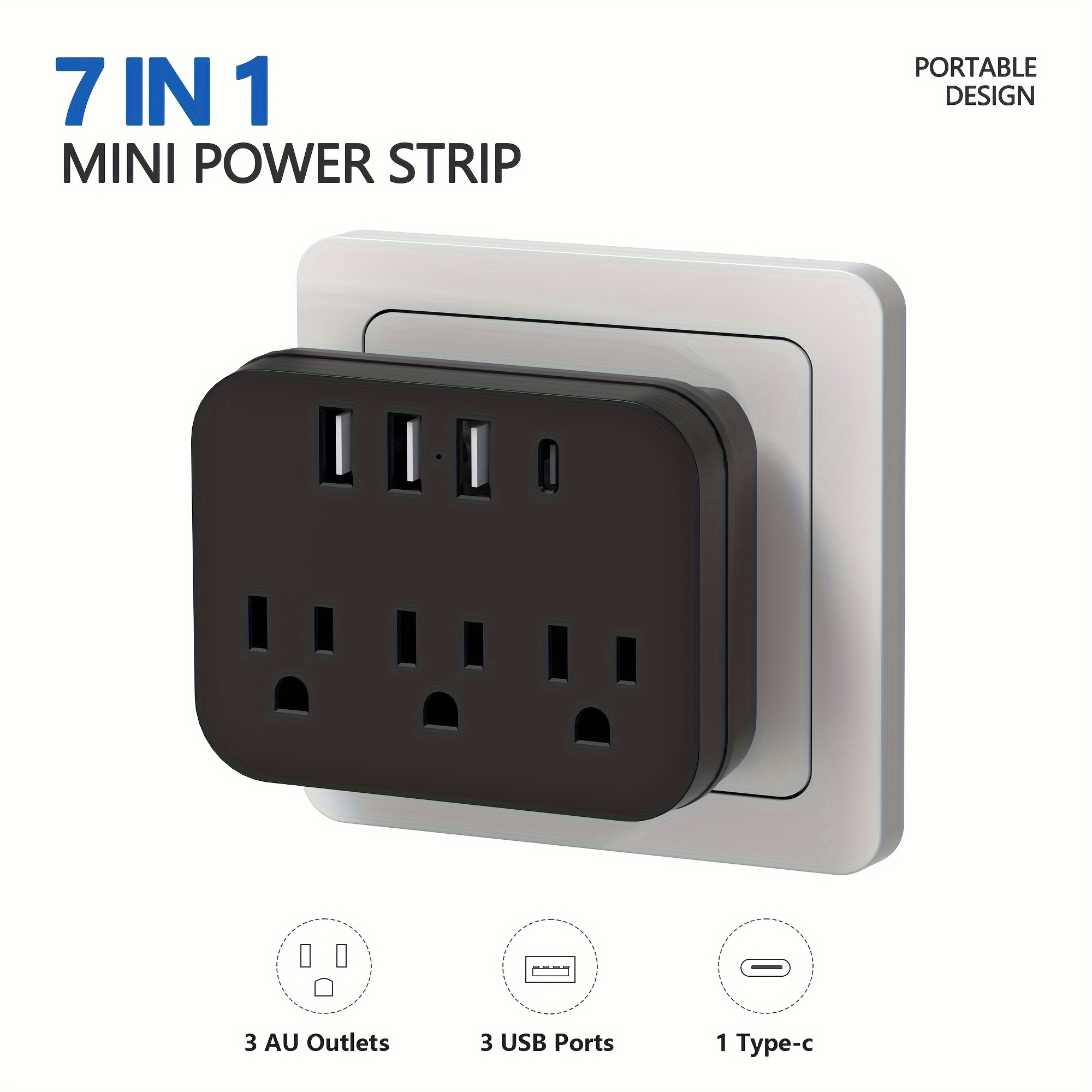 

1pc 7-in-1 Mini Power Adapter With 3 Ac Outlets, 3 Usb And 1 Type-c. Sturdy, Durable And Portable. A Multi-outlet Wall Socket. Perfect Must-have For Travel, Office And Home. Color In Black And White.