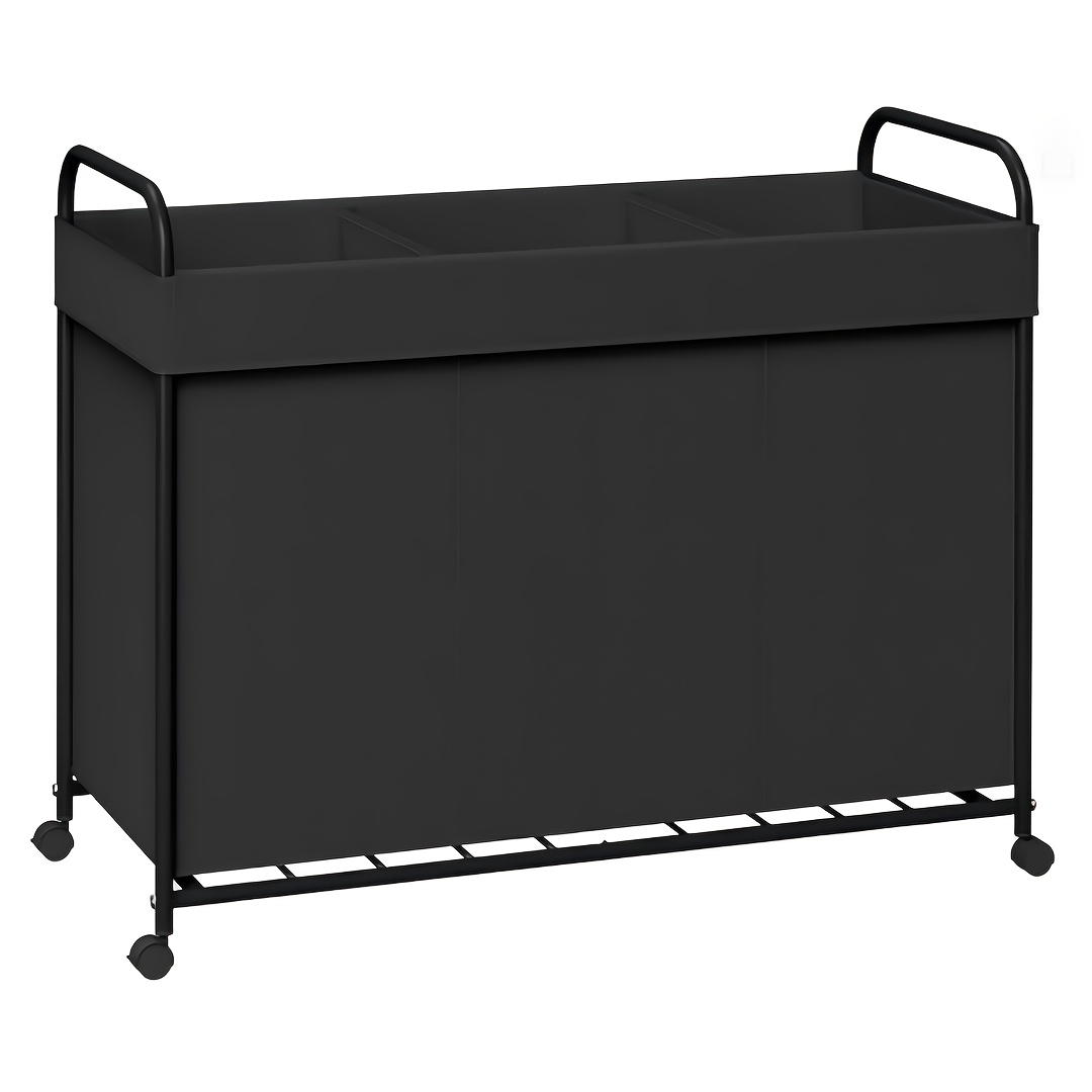 

3-section Rolling Laundry Sorter Cart - Contemporary Black Fabric, Easy-clean & Foldable Design With Wheels For Mobility, Detachable Compartments, Ideal For Room Types, Laundry Baskets