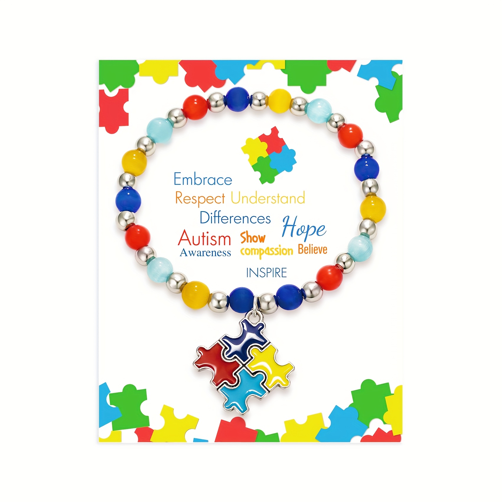 TEMU Pulsera de Rompecabezas Colorida para la Concienciación del Autismo - Pulsera Ajustable con Cuentas y Tarjeta de Mensaje Inspirador, Diseño