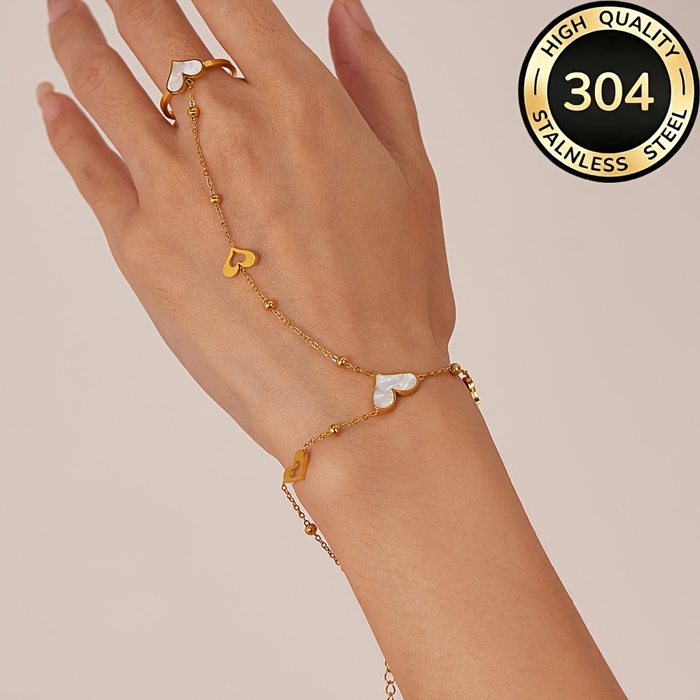 TEMU 1pc Of Fashionable White Shell-shaped Heart-design Stainless Steel Link Ring Bracelet, Suitable For Women, High-end And Luxurious, Versatile,