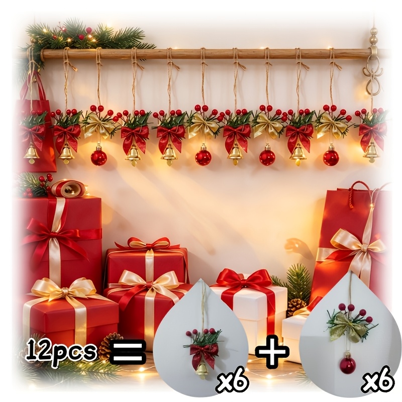 TEMU 12pcs Christmas Decor Ornaments, 2 Styles Red Ball Bells 2 Styles Combination Christmas Ornament Pendants, Artificial Pine Grass Red Berries