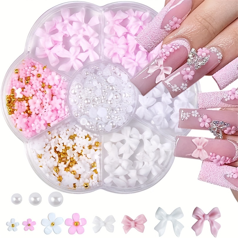 

Charming 3d Nail Art Kit - Pink & White Flower & Bow Charms With Pearls, Easy-to-use Manicure Set For Diy Nail Decorations Nail Accessories Nail Charms And Accessories