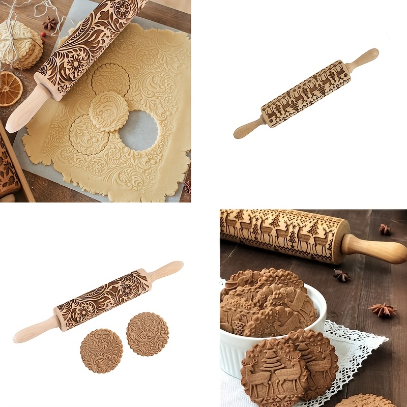 

Embossing Wooden Rolling Pin For Baking, Deep Embossing Rolling Pin With Christmas Flowers And Elk Design For Baking Embossing Cookies, Suitable For Kitchen Decorating Diy Tools