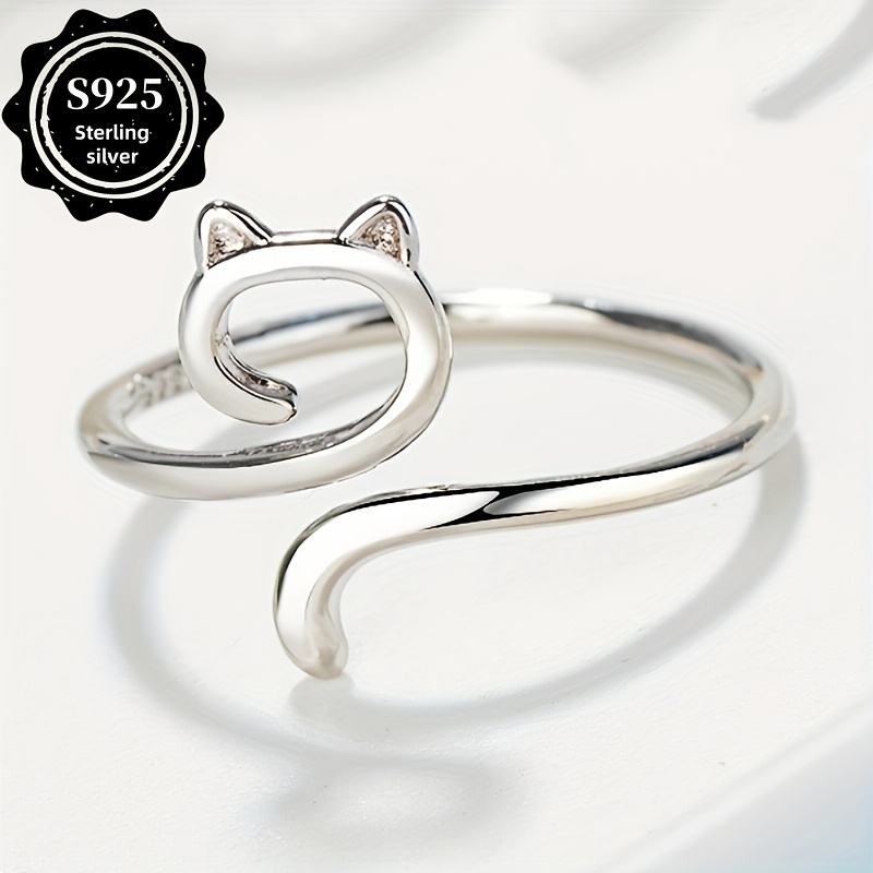 S925 Sterling Silver Hollow Cat Ring, Adjustable