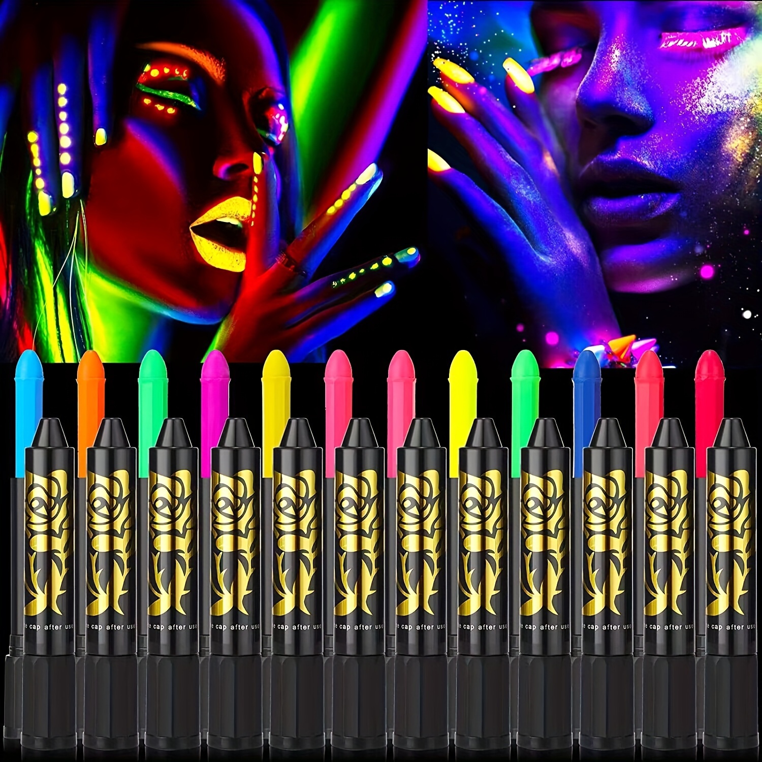 12  Face Body Paint Set, Glow In The Dark Under Black Light Sticks Makeup Neon Face Painting Kits for Halloween Festival Accessory Glow Party Supplies