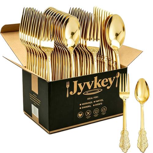 larawan ng item 20pcs set, golden retro plastic cutlery set, kasama ang 10 kutsara tinidor, reusable, perfect para sa restaurant receptions, outdoor picnics, barbecues, student , wedding banquets, halloween, daily household use, etc