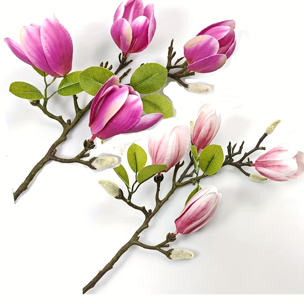 Image of 2 Artificial Magnolia Flowers In A Blend Of Pink And Purple, Perfect For Decorating Vases In Your Home, Living Room, , Restaurants, Hotels, Or Stores, And Sophisticated Ambiance (bottle Not Included)