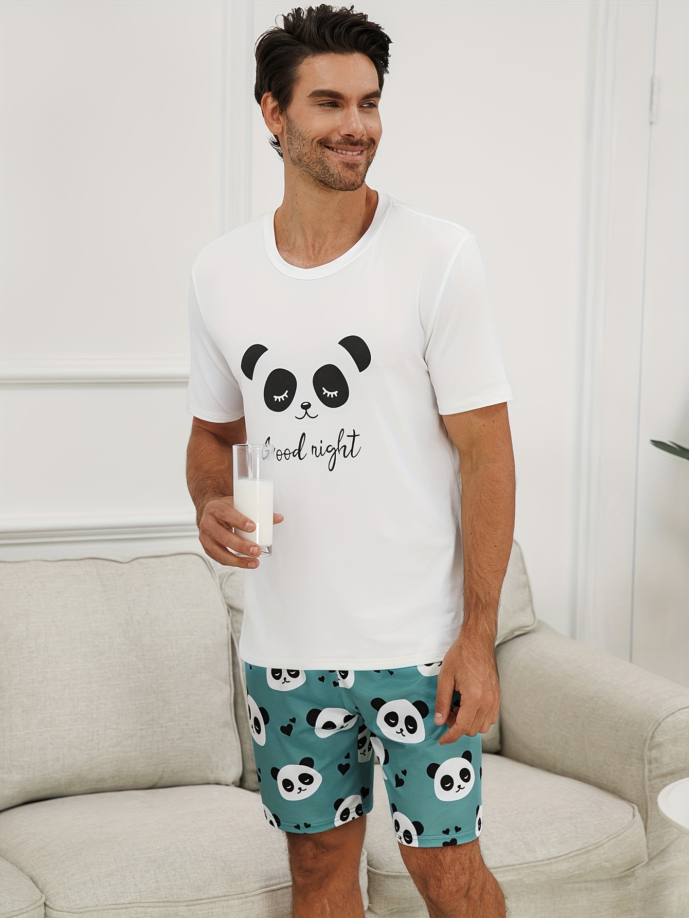 couples pajama set panda print crew neck short sleeve Temu Germany