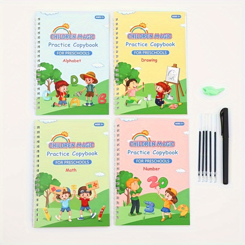 TEMU 4 Calligraphy Books + 5 Refills + 1 Pen : Groove Calligraphy Book For Beginners Digital English Tracing Book Repeated Writing Fun Calligraphy Stickers Handwriting Disappears