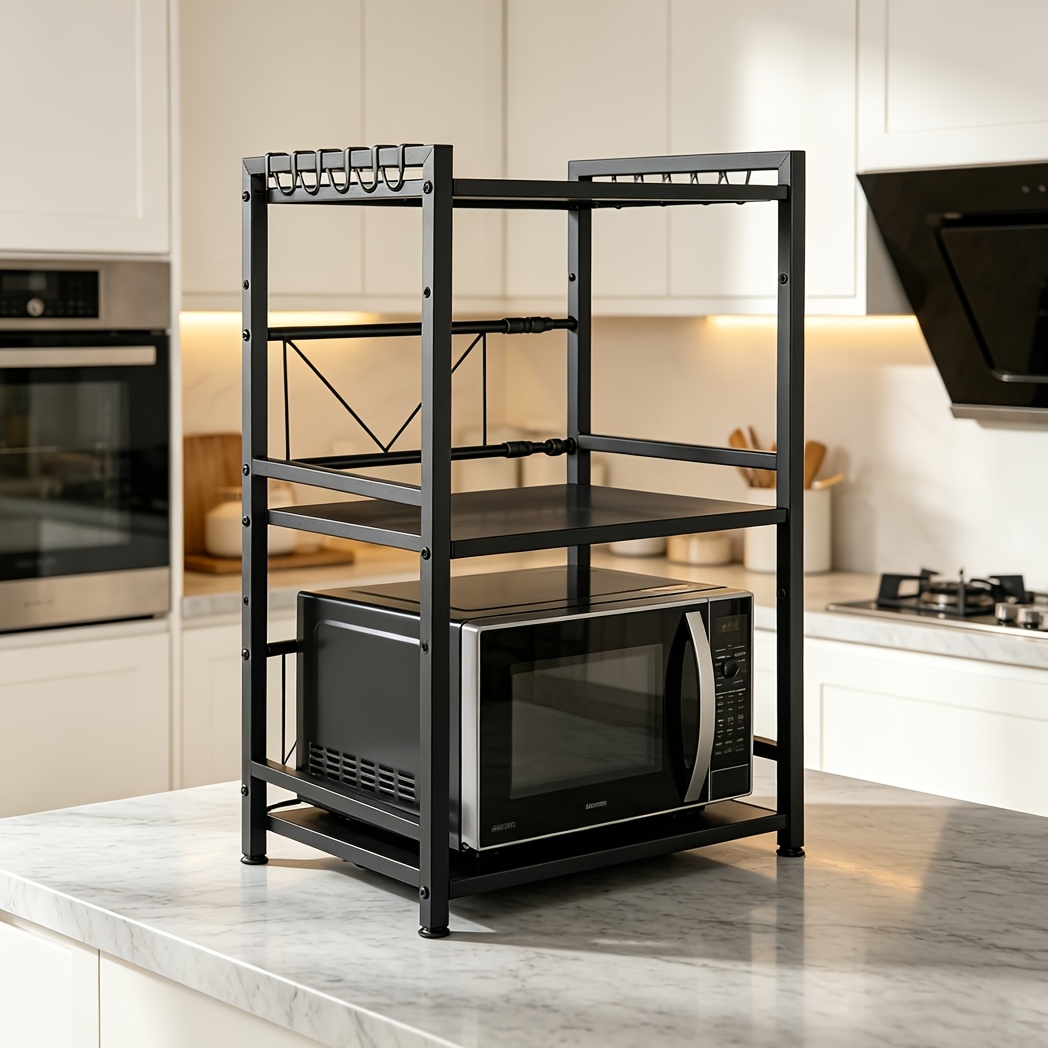 Image of Adjustable Microwave Oven Rack, 40-64 Cm Wide, Kitchen Countertop Storage Rack, Standing Shelf, With Microwave Hooks, Space-saving Countertop Shelf, Black, Standing Shelf