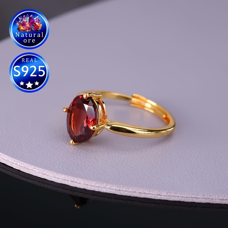 S925 Silver Adjustable Gemstone Ring with Red Garnet, Gift for Her