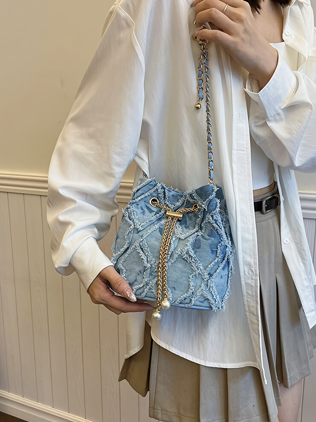 chic denim style bucket bag with faux pearl accent metal chain strap spacious crossbody for for shopping dates details 3