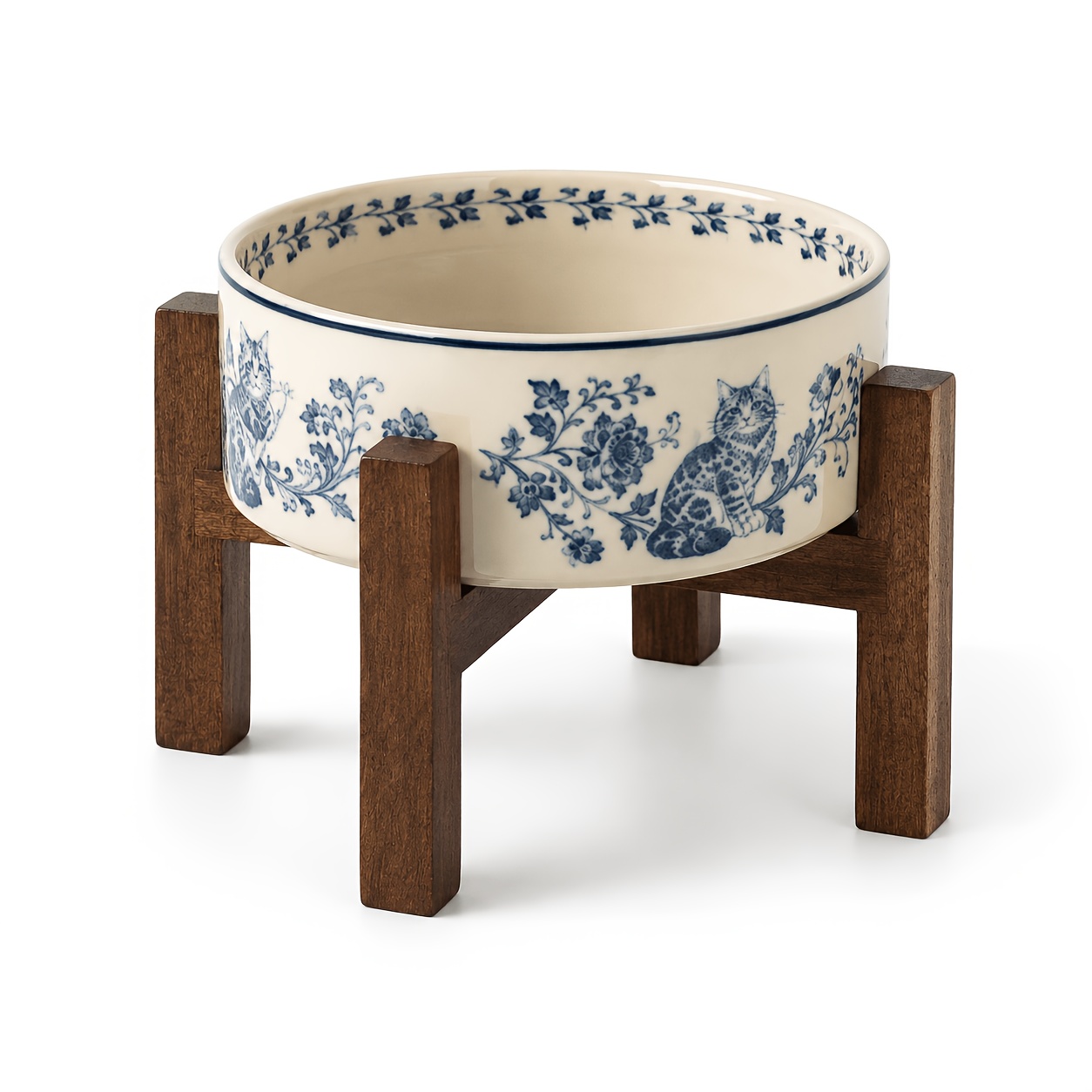 TEMU Gamelle surélevée en céramique pour chat de 400 ml avec support en bois amovible, gamelle vintage bleu et blanc à motif de chat pour nourriture