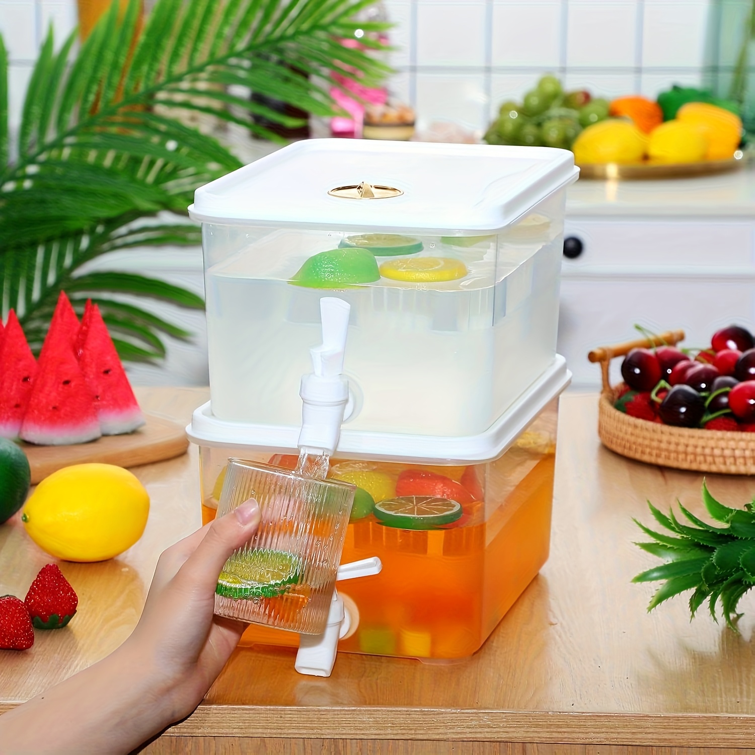 Domensi 2 Pack 9.46 L Drink Dispenser for Fridge with Spigot Water Dispenser Leak Proof Lids Filter Screen Beverage Juice Container Sealed Plastic Lemonade Milk Cold Hot Drink Tea Jug for Party