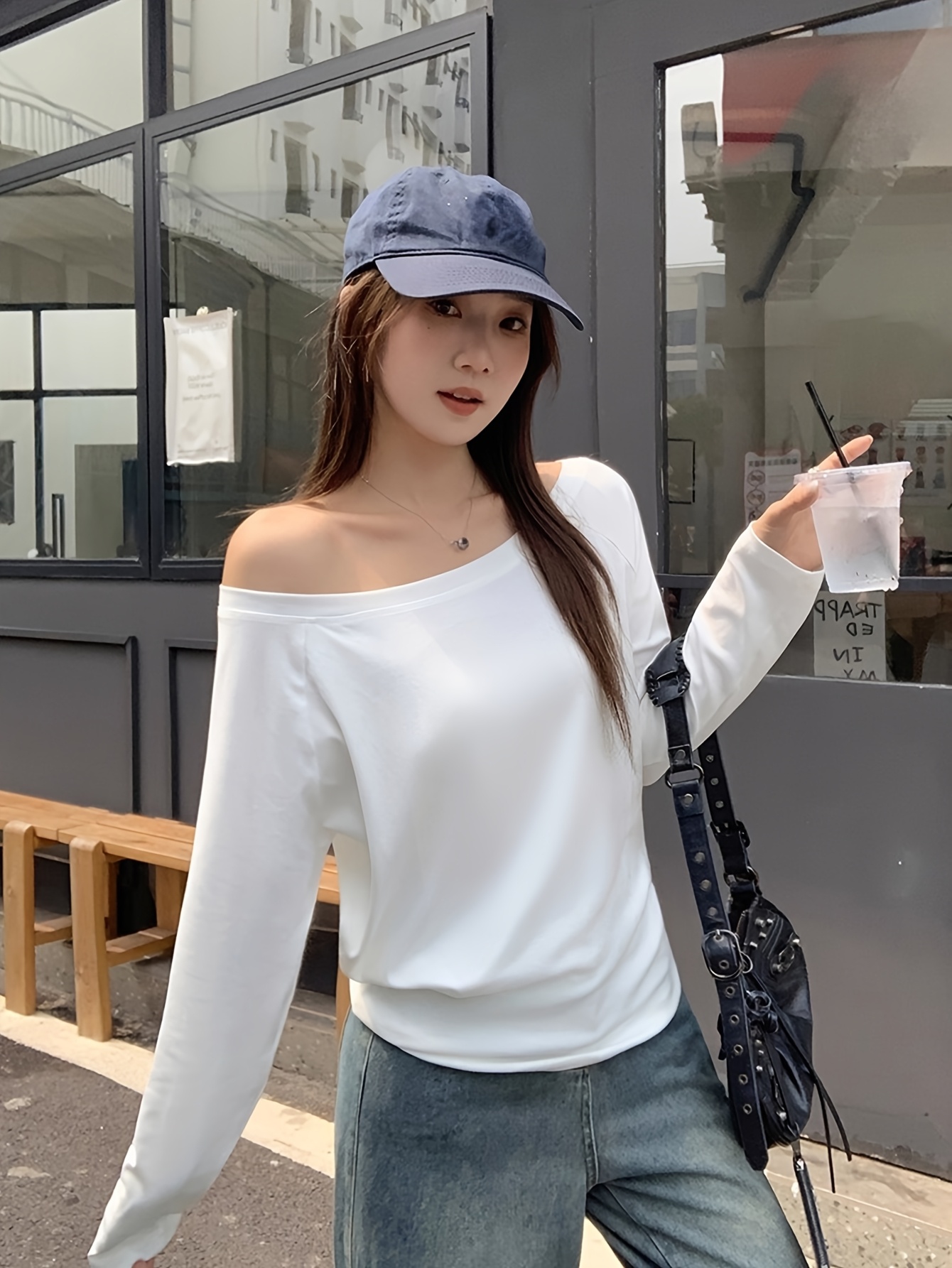 Womens Shoulder Long Sleeve T Shirt Casual White Top