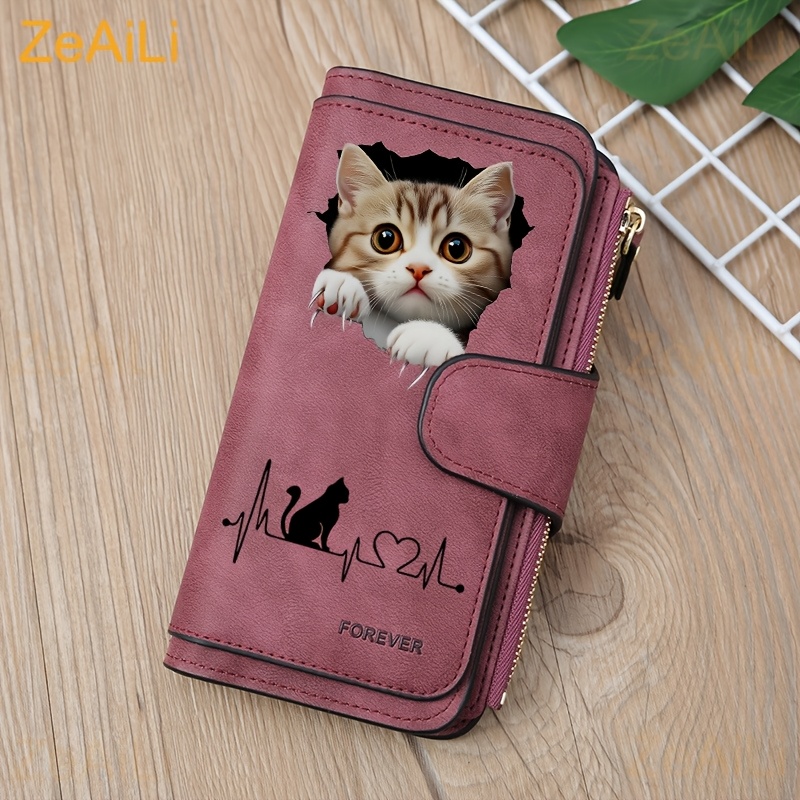 TEMU 2d Cute Cat Heart-shaped Wallet For Women, Retro Large Capacity Long Wallet, Multi-card Slot Zipper Clutch Purse, Holder Money Clip