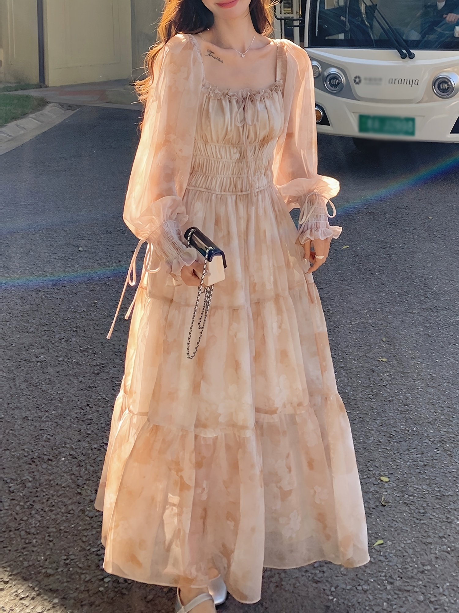 vestido largo gasa estampado francés elegante mujer manga - Temu Peru