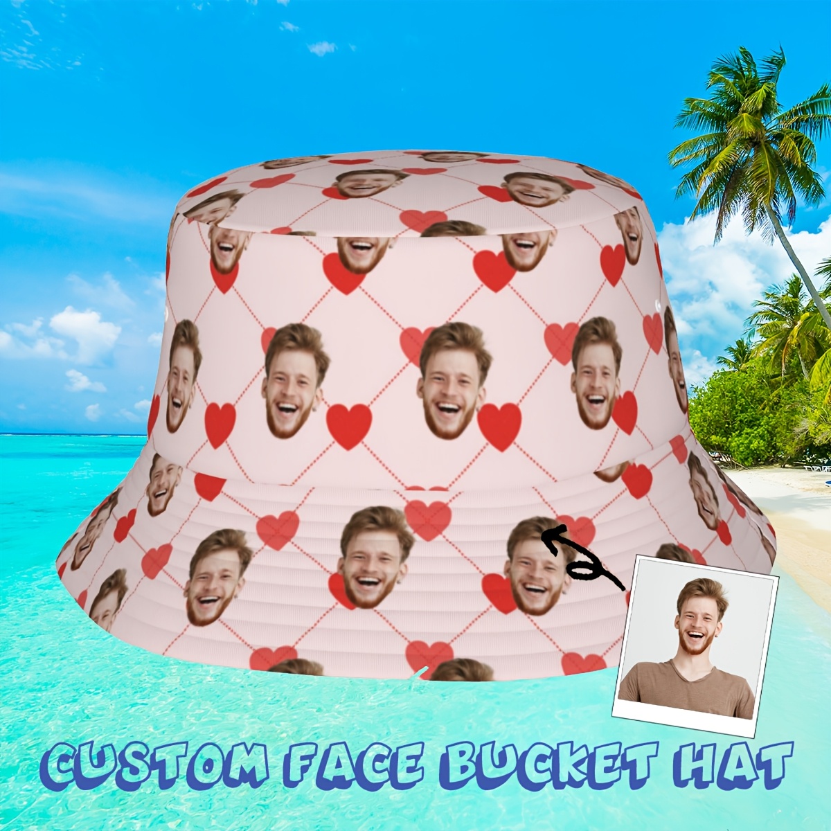 TEMU Custom Face Bucket Hat - Personalized Full Print , Breathable & Foldable Summer Beach Hat For Travel, Beach, And Casual Wear, Unisex Gift Idea,
