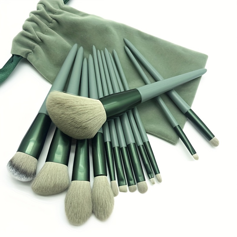 

13-piece Green Makeup Brush Set With Gift Bag - Durable Abs Plastic Handles And Synthetic Bristles For All Skin Types