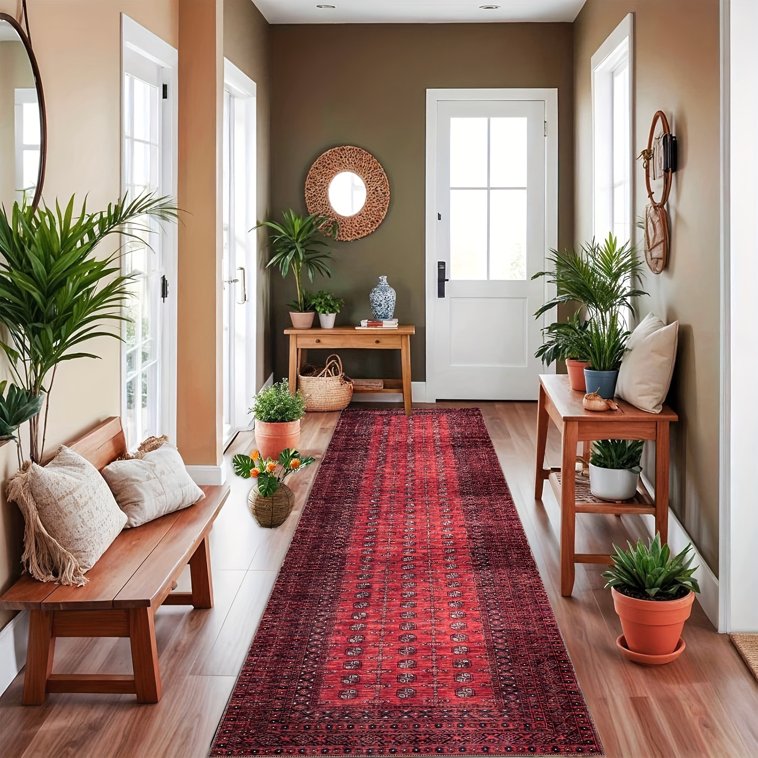 TEMU 1pc Luxury Velvet Area Mat - Red Bohemian Long Strip Printed Carpet, Anti-slip Back, Machine-washed 100% Polyester - High-traffic Areas Such As