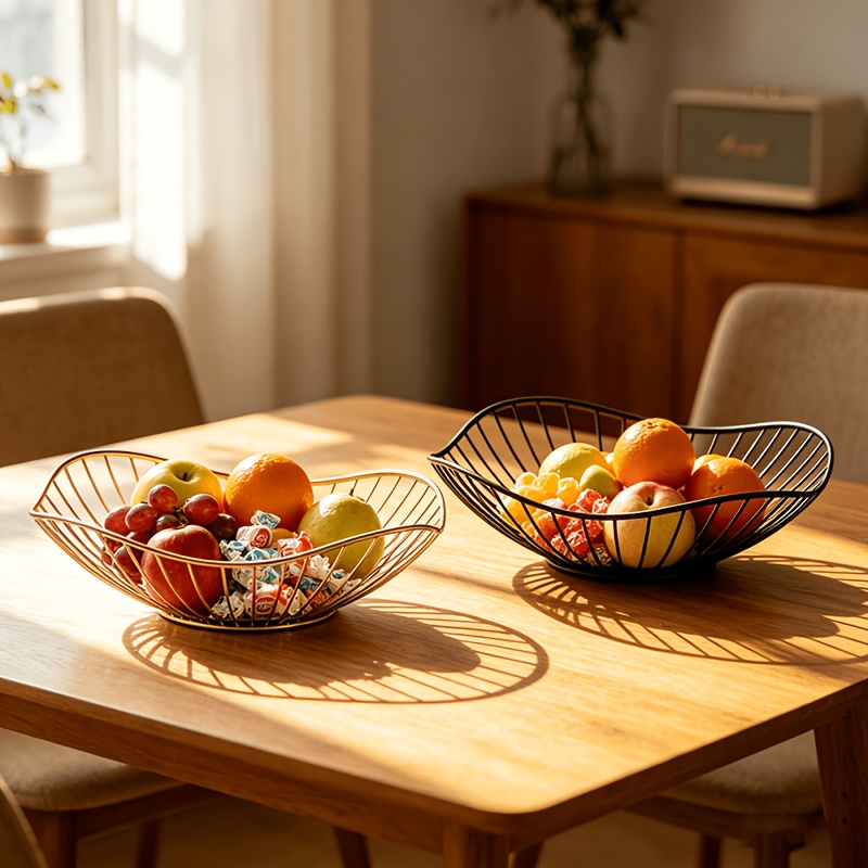 2er-Set Obstkorb aus Schmiedeeisen im nordischen * Luxus-Stil * in Schwarz Gold, durchbrochen, moderner minimalistischer Aufbewahrungskorb für Obst Snacks im Wohnzimmer, dekorativer