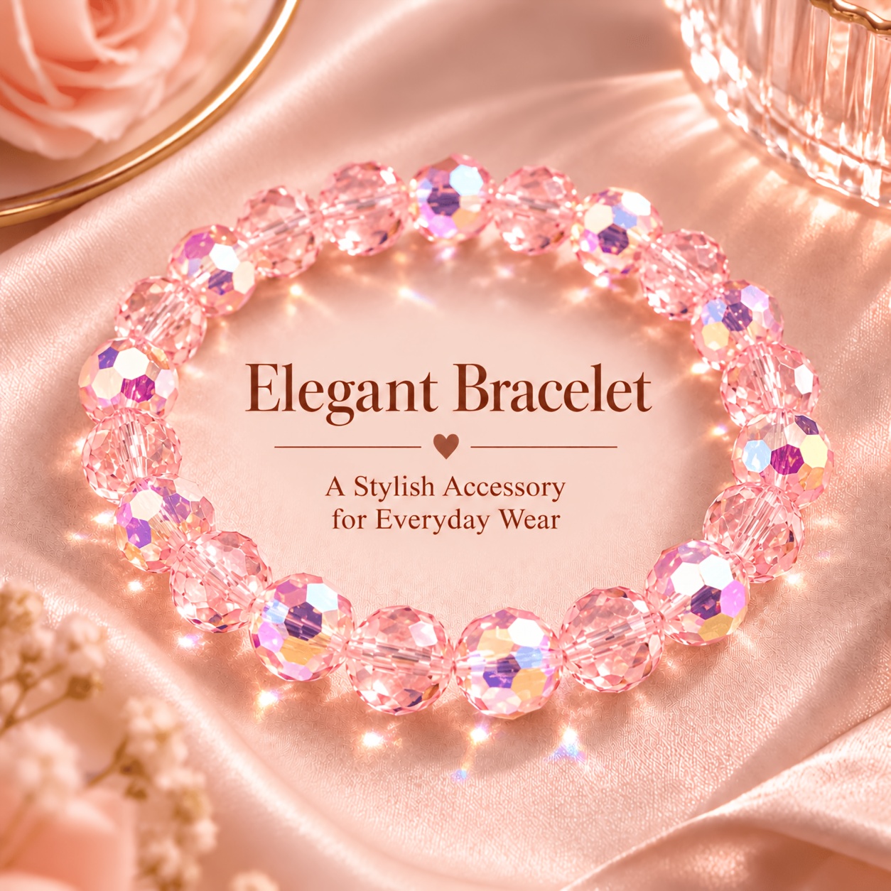 TEMU 1pc Pink Crystal-style Bracelet, Sparkling Multi- Beads With Stretch Design, Elegant Women's Wrist Accessory For Daily Wear, Dates, Parties And