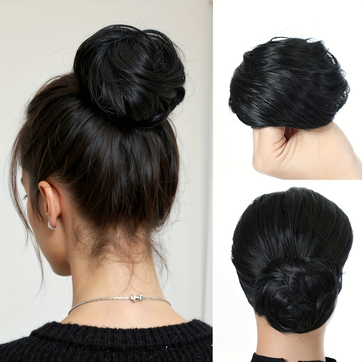 TEMU Chignon Synthétique Raide, Noire, Lisse et , Fibre Synthétique Résistante à la Chaleur, Facile à , Chignon, Accessoires de Cheveux pour Femmes,